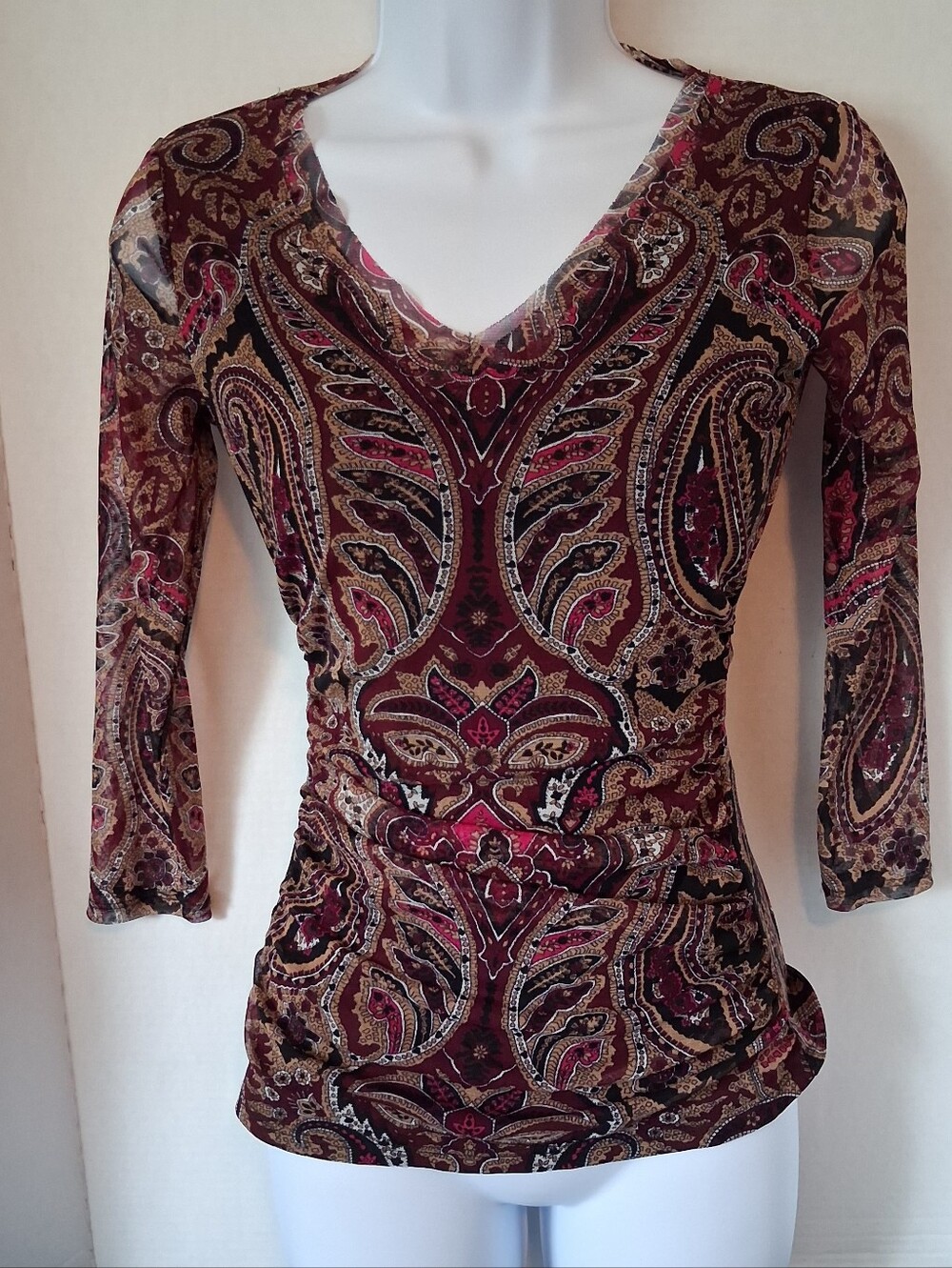 Sexy INC International Concepts Burgundy Paisley V-Neck Long Sleeve Pullover Top
